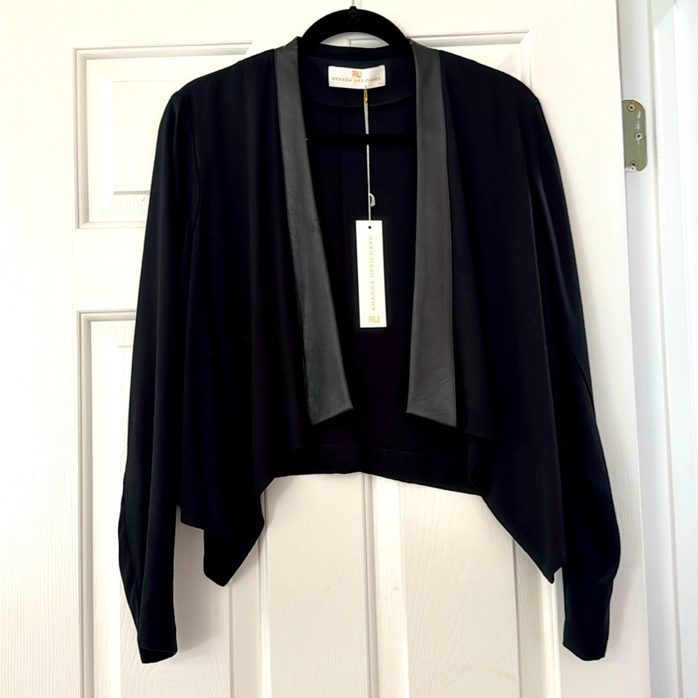 Amanda Uprichard new! Beautiful open front cropped black jacket w/leather accent